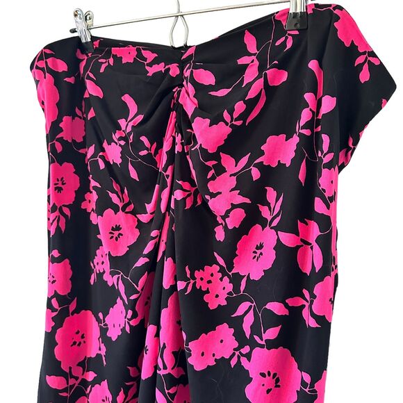 ASOS Design Curve Black Pink Floral Asymmetrical Ruched Midi Skirt Size 16 - Picture 3 of 9